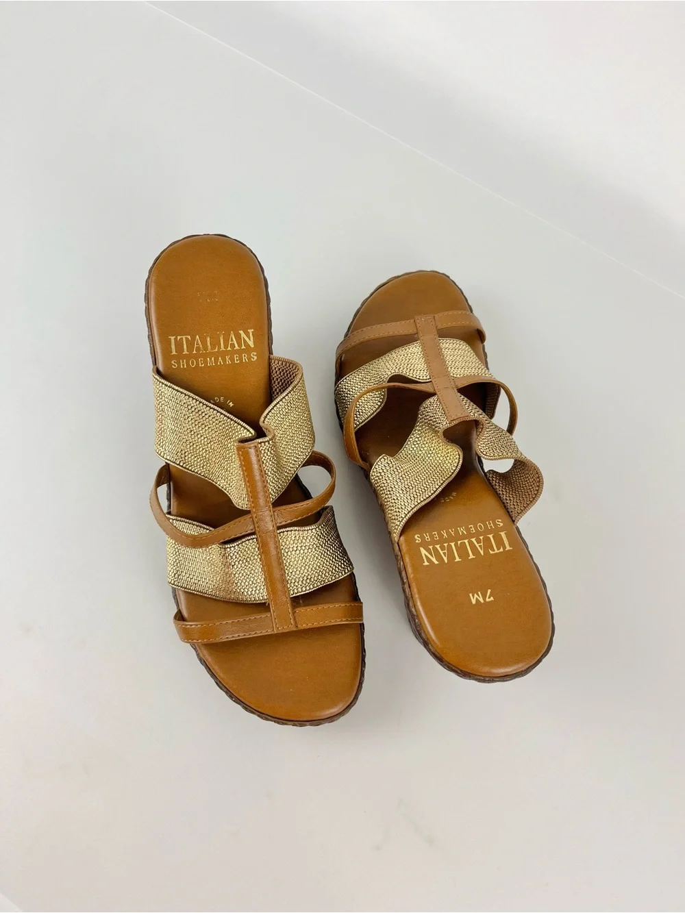 Italian Shoemakers Metallic Gold and Dark Tan Woven Wedge Sandals Size 7